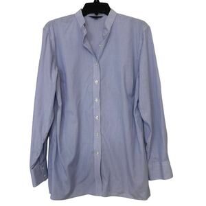 Lands End Blue & White Striped Band Collar Long Sleeve Button Up Shirt Size 14